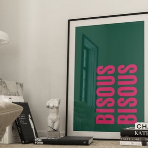 Bisous Bisous French Kiss Art Print · French Kisses · Emerald Green Decor · Dark Green Wall Art · Pink and Green Wall Art, Bedroom Wall Art