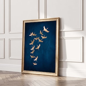 Dark Blue Japanese Cranes Wall Art, Set of 3 Prints, Japandi Decor ...
