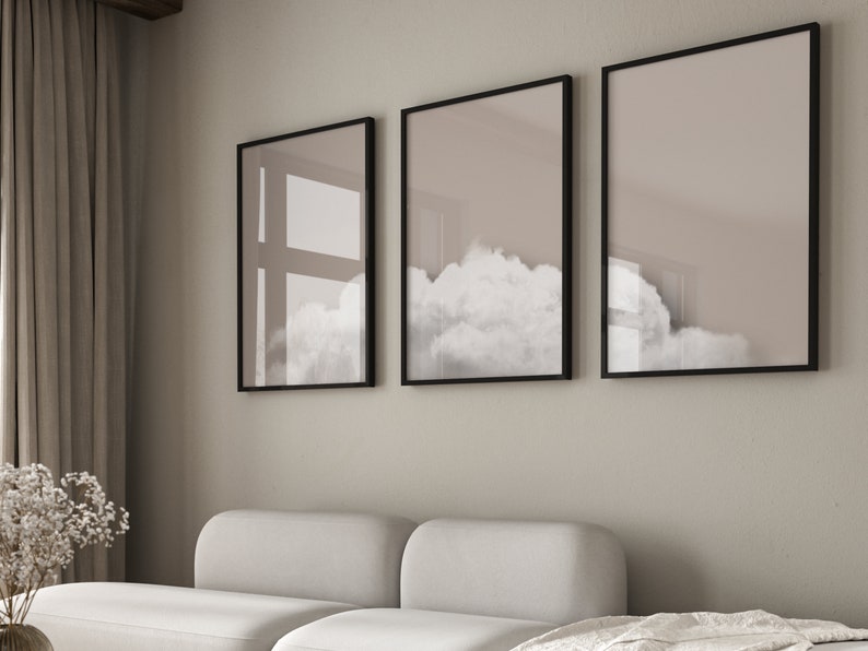 Bedroom Wall Art Over the Bed, Cloud Art, Set of 3 Prints, Above Bed Decor, Beige Wall Art, Bedroom Wall Decor, Neutral Wall Art, White image 3