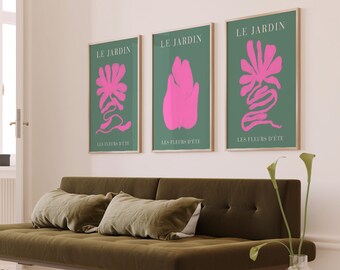 Colourful Wall Art, Flower Market Prints, Botanical Wall Art, Set of 3 Prints, Bright Hot Pink, Large, Green, Living Room Decor, Colorful