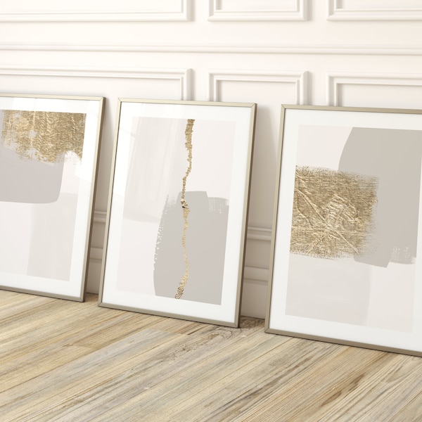 Gold Abstract Wall Art · Set of 3 Prints · Beige Neutral Wall Art, Minimalist Wall Art, Gallery Wall Set, Living Room Decor, Large Poster