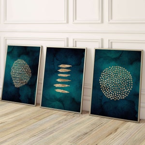 Teal Wall Art, Set of 3 Prints, Abstract Art, Gold Wall Art, Watercolour Painting, Gallery Wall Set, Living Room Decor, Line Art, Apartment