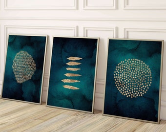 Teal Wall Art, Set of 3 Prints, Abstract Art, Gold Wall Art, Watercolour Painting, Gallery Wall Set, Living Room Decor, Line Art, Apartment