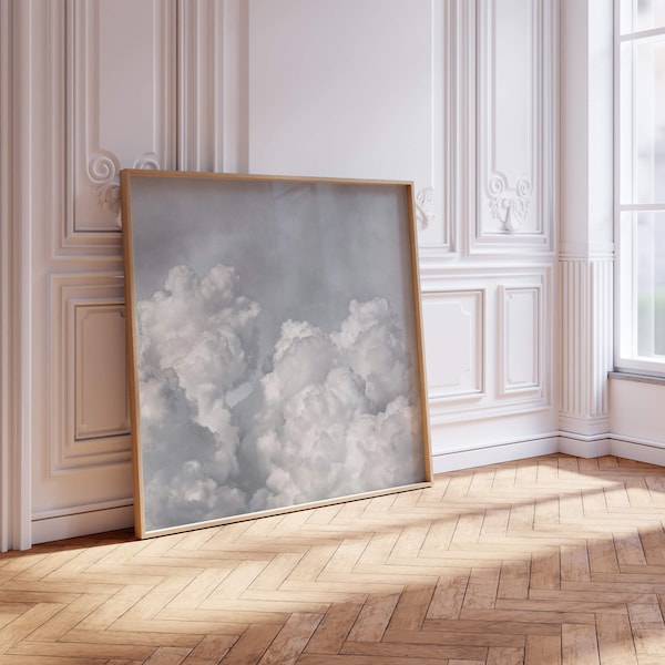 Minimalist Grey Cloud Wall Art, Square Print, Neutral, Abstract, Poster, Large, Living Room Decor, Framed Wall Art, Bedroom, Over the Bed