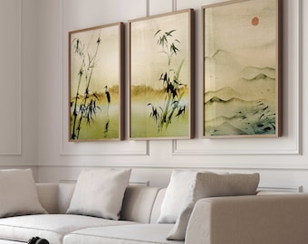 Arte murale giapponese, Set di 3 stampe, Japandi Decor, Mountain Wall Art, Minimalista, Neutro, Paesaggio, Verde , Arredamento soggiorno, Grande