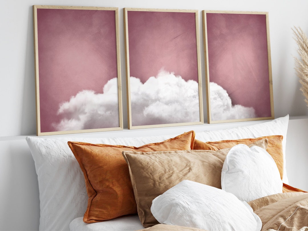Pink Cloud Wall Art, Set of 3 Prints, Dusky, Above Bed Decor, Bedroom