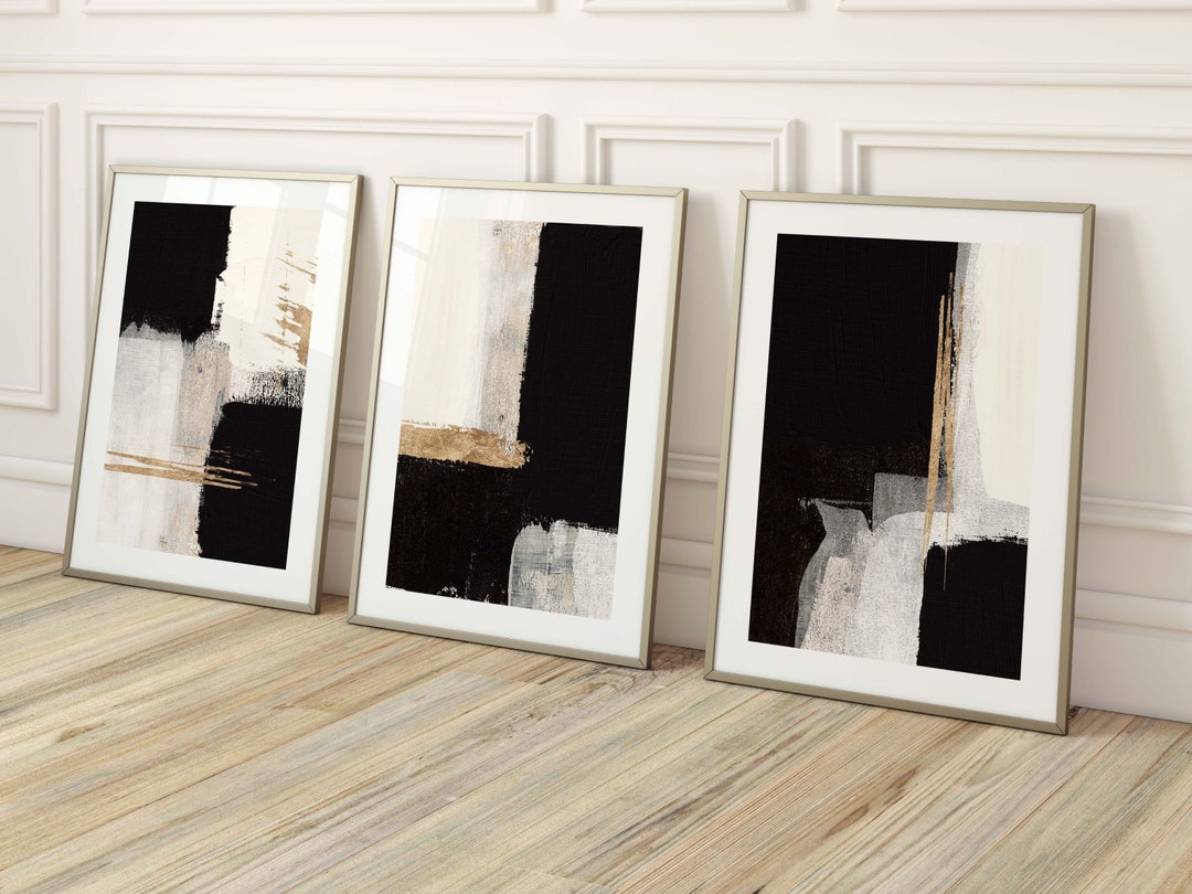 Black and Gold Abstract Wall Art, Set of 3 Prints, Giclée Elegant Wall ...