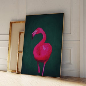 Bright Pink Flamingo Wall Art · Emerald Green Decor · Neon Pink Flamingo Poster · Pink and Green Print · Maximalist Decor · Pop Art · Large