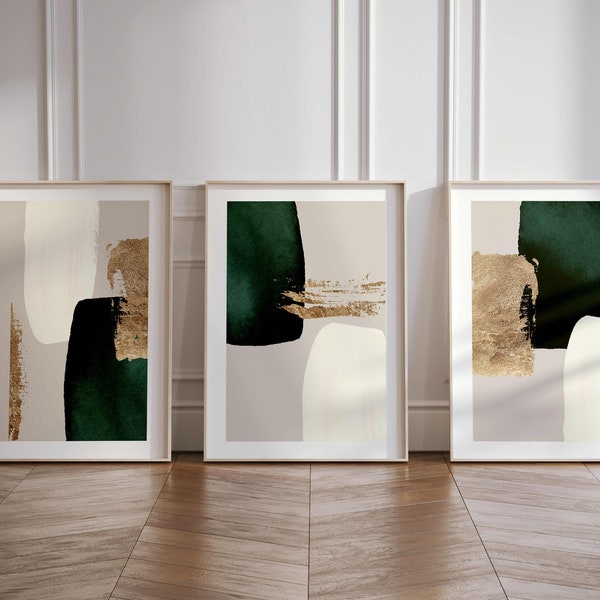 Grüne und goldene Wandkunst, 3er-Set, beige Wandkunst, abstrakte Kunst, minimalistische Wandkunst, Wohnzimmerdekoration, smaragdgrünes Dekor