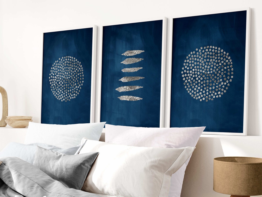 Blue and Silver Wall Art, Set of 3 Prints, Navy Blue Abstract Art, Dark