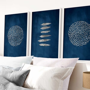 Blue and Silver Wall Art, Set of 3 Prints, Navy Blue Abstract Art, Dark Blue Wall Art, Gallery Wall, Minimalist Wall Art, Living Room Decor
