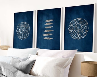 Blue and Silver Wall Art, Set of 3 Prints, Navy Blue Abstract Art, Dark Blue Wall Art, Gallery Wall, Minimalist Wall Art, Living Room Decor