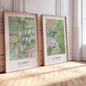 Art mural botanique Le Jardin, lot de 2 impressions, marché aux fleurs, décoration rose et verte, peinture abstraite, décoration grand salon, décoration pastel
