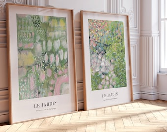 Arte de parede botânica Le Jardin, conjunto de 2 impressões, mercado de flores, decoração rosa e verde, pintura abstrata, decoração de sala de estar grande, decoração em tons pastel