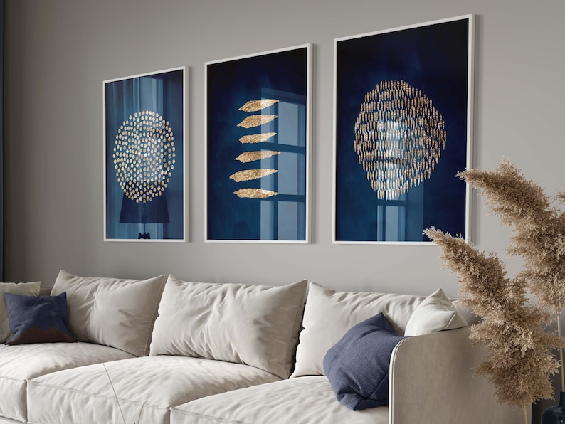 Navy Blue and Gold Wall Art Set of 3 Prints Abstract Art Etsy UK