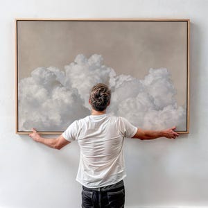 Beige wolk canvas muurkunst print, neutraal ingelijste kunst, giclee, groot, horizontaal, woonkamerdecor, minimalistisch, zen, slaapkamer, boven het bed