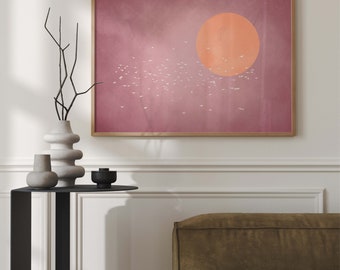 Pink Flying Birds Wall Art Print, Sun, Japandi Art, Abstract Landscape, Living Room Decor, Large, Japanese, Bedroom, Above Bed, Over the Bed