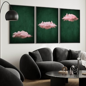 Arte de pared de nubes rosas y verdes, juego de 3 impresiones, decoración verde esmeralda, póster de cielo surrealista, decoración maximalista, decoración de sala de estar verde oscuro