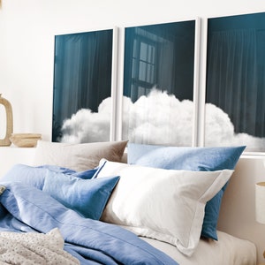 Dark Blue Cloud Wall Art, Set of 3 Prints, Navy Decor, Above Bed Decor, Bedroom Decor, Cloud Poster, Minimalist Waall Art, Japandi Decor