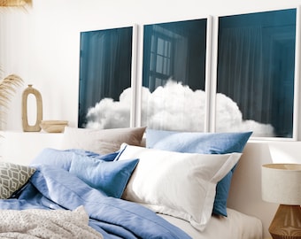 Dark Blue Cloud Wall Art, Set of 3 Prints, Navy Decor, Above Bed Decor, Bedroom Decor, Cloud Poster, Minimalist Waall Art, Japandi Decor