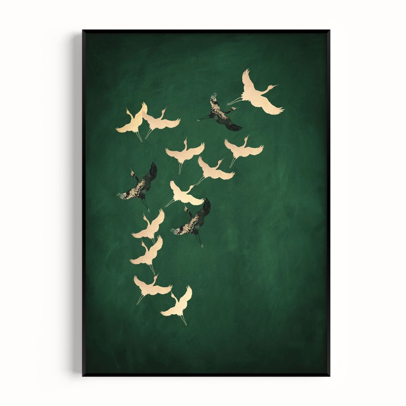 Green and Gold Japanese Wall Art Cranes Japanese Print Emerald Green Decor Maximalist Wall Art Eclectic Decor, Large Wall Art, Birds image 6