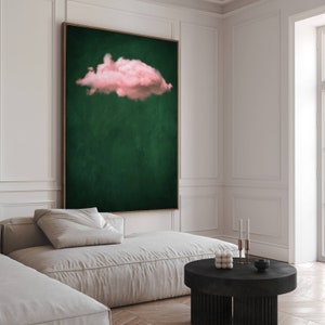 Art mural toile vert émeraude et rose nuage, impression d'art encadrée, très grande art mural, déco vert émeraude minimaliste, art abstrait de mauvaise humeur