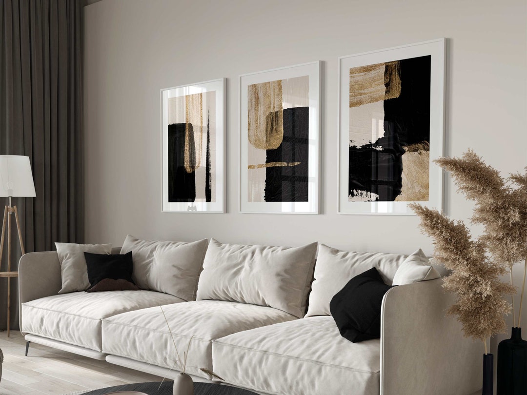 Black and Gold Wall Art · Set of 3 Prints · Beige Wall Art, Abstract ...