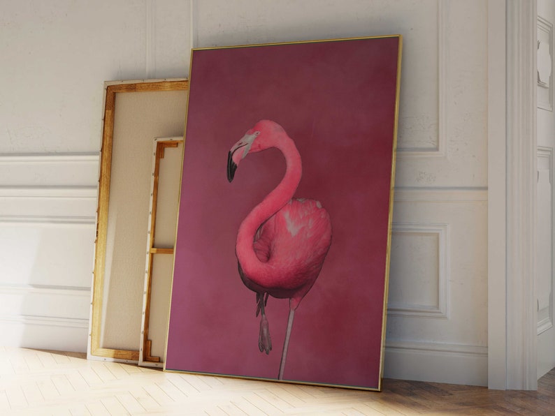 Berry Pink Flamingo Wall Art Print, Colorful Wall Art, Flamingo Poster, Large Wall Art, Maximalist Decor, Living Room Decor, Eclectic image 2