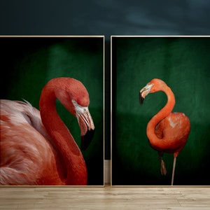 Flamingo Wall Art Prints, Set of 2 Prints, Emerald Green Decor, Maximalist Decor, Eclectic Wall Art, Gallery Wall Set, Living Room Decor