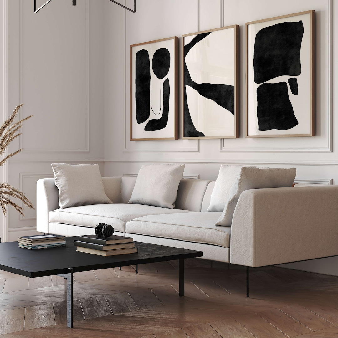 Mid Century Modern Wall Art, Set of 3 Prints, Black & Beige, Neutral ...