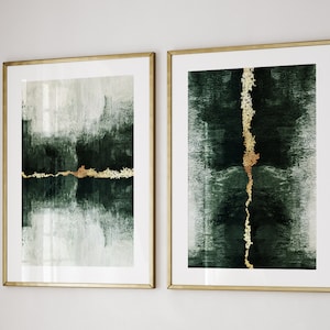 smaragdgroene en gouden abstracte kunstprints · Set van 2 Prints · Smaragdgroen Decor · Trendy kunst aan de muur · Apartment Decor, Slaapkamer