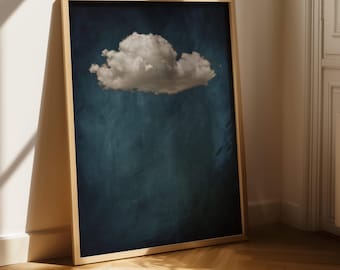 Vintage Blue Moody Cloud Wall Art Print, Framed Canvas Art, Minimalist Art, Large Living Room Decor, Abstract Art, Indigo Night Sky Print