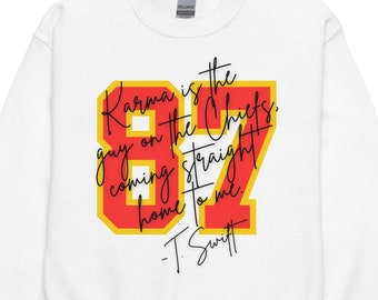Kids Chiefs | Karma is the Guy | Gildan Youth Sweatshirt | Front design only | Kansas City Football, Kelce, Swift, KC Sweatshirt, Boyfriend
