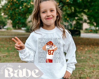 Kids Kelce Touchdown Heart Hands Chiefs | Gildan Youth crewneck sweatshirt | Kansas City Football Game Day Outfit Chiefs Design Girls Boys