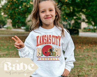 Kids Kansas City Football | Gildan Youth crewneck sweatshirt | 1960 Vintage, Football, Game Day Outfit, Distressed, Chiefs, Girls, Boys