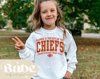 Kid&#39;s Karma is the Guy on the Chiefs | Youth crewneck sweatshirt Sparkly Gildan |  Game Day Outfit Kansas City Football Taylor