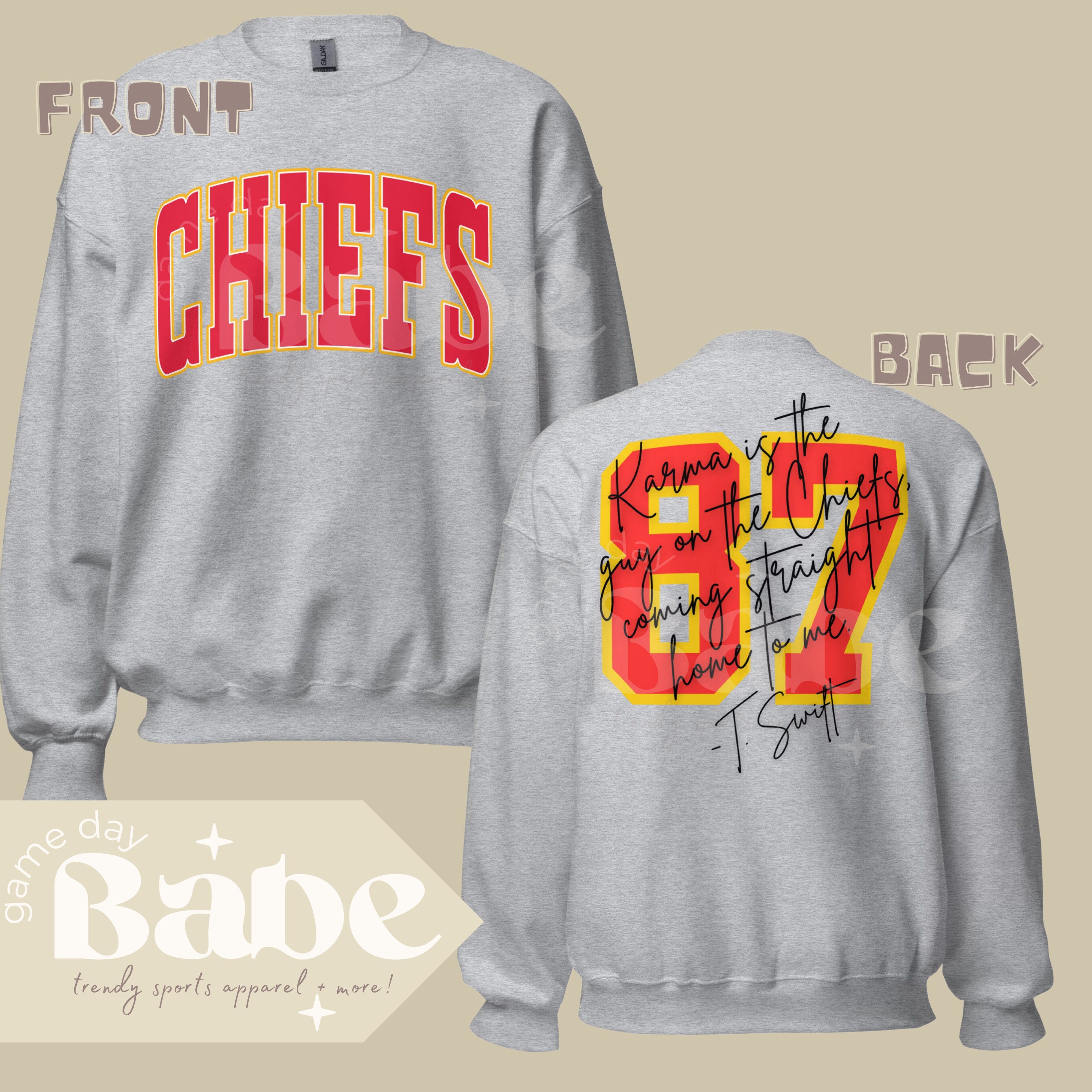 Adult | Chiefs (front) | Karma is the Guy on the Chiefs #87 (back) | Gildan Unisex Sweatshirt | Game Day Outfit, Trendy, Kelce, Swift