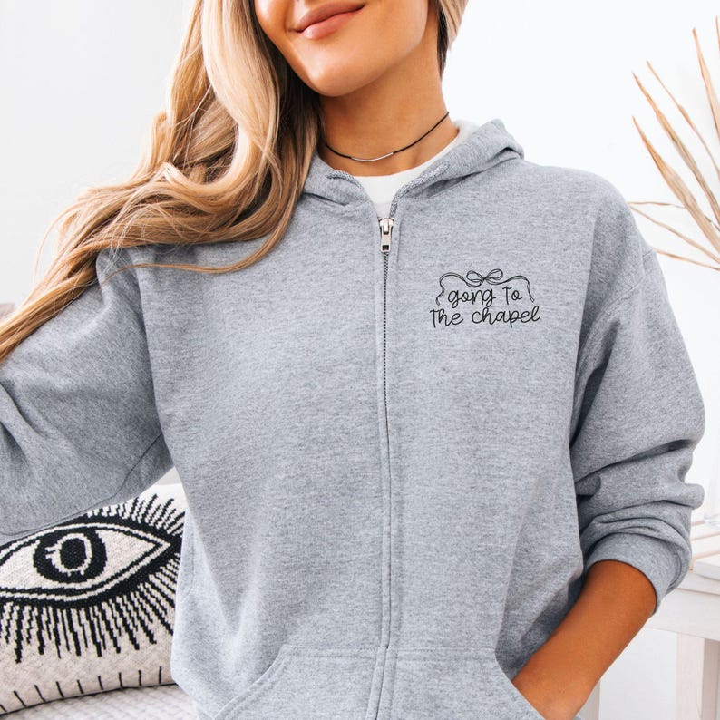 Bridal party getting ready outfit zip up hoodie, going to the chapel with front and back design. Personalized with bride's name and wedding date.