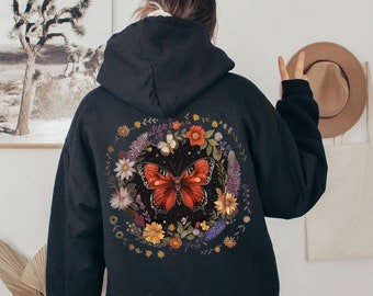 Full Zip Up Hoodie Women Black Hoodie With Design On The Back Y2K Hoodie Butterfly Whimsigoth Hippie Hoodie Floral Sweatshirt Boho Hoodie