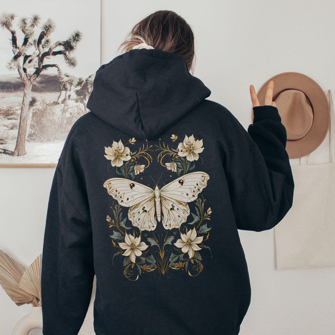 Luna Moth Full Zip up Hoodie Fairy Grunge Cottagecore Black