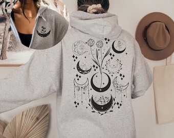 Full Zip Up Hoodie Y2k Zip Up Hoodies Celestial Zip Hoodie Moon Phase Floral Hoodie Black Zip Up Hoodie Moon Goddess Alt Clothing Space