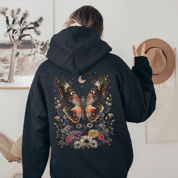 Sudadera con capucha con cremallera completa Mujer Cottagecore Sudadera con capucha Diseño en la espalda Y2K Sudadera con capucha Mariposa Whimsigoth Hippie Sudadera con capucha Floral Sudadera con capucha Boho