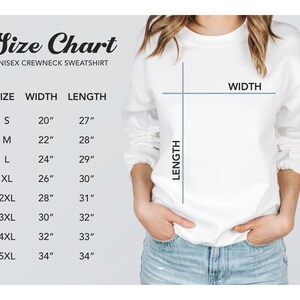 May include: Size chart for a unisex crewneck sweatshirt. The chart shows the width and length measurements in inches for sizes S through 5XL.