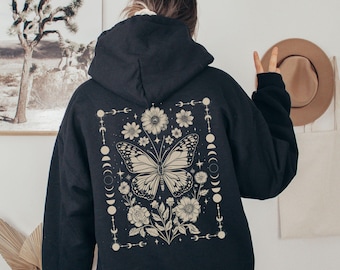 Luna moth full zip up hoodie fairy grunge cottagecore black zip up sweatshirt floral whimsy goth Y2K luna moth alt clothing butterfly hoodie
