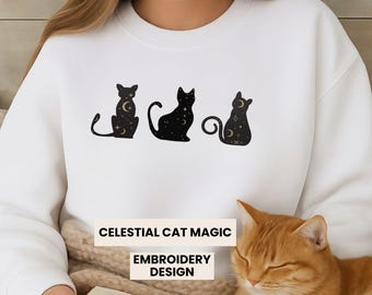 Cat Shirt for Women Embroidered Cat Sweatshirt Witchy Cat Mom Crewneck Gothic Aesthetic Moon Phase Cat Sweater Cozy Gift