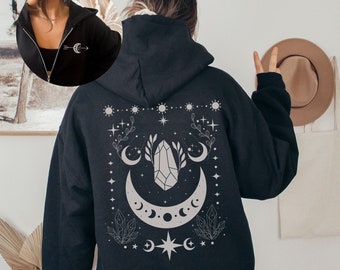 Zip Up Moon Hoodie For Women Black Zip Up Hoodie It's Just A Phase Celestial Hoodie Front And Back Design Spiritual Hoodie Full Zip Up