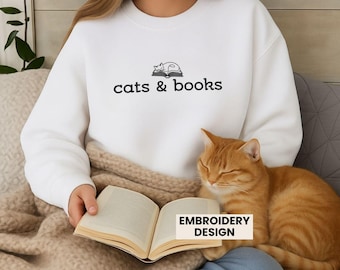 Cats and Books Sweatshirt Embroidered Cat Book Sweater Book Lover Crewneck Reading Shirt Cozy Librarian Gift for Women
