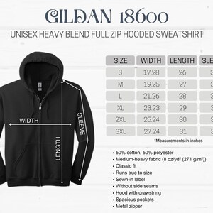 May include: Black full-zip hooded sweatshirt with a size chart showing measurements in inches for sizes S through 3XL. The chart shows width, length, and sleeve length. The sweatshirt is made of a 50% cotton, 50% polyester blend.