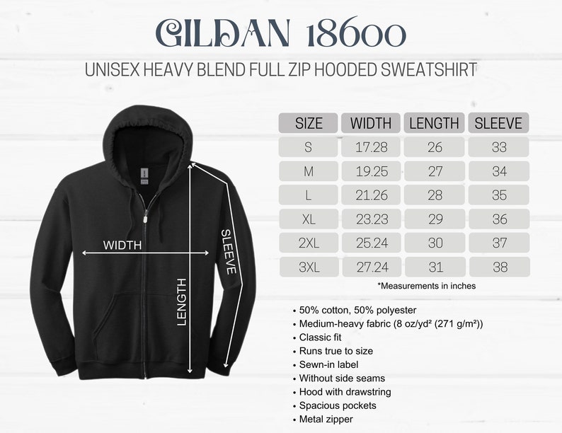 May include: Black full-zip hooded sweatshirt with a size chart showing measurements in inches for sizes S through 3XL. The chart shows width, length, and sleeve length. The sweatshirt is made of a 50% cotton, 50% polyester blend.