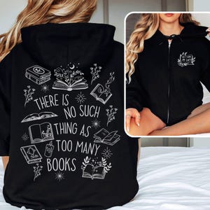 Model wearing bookish zip-up hoodie with book designs on front and back